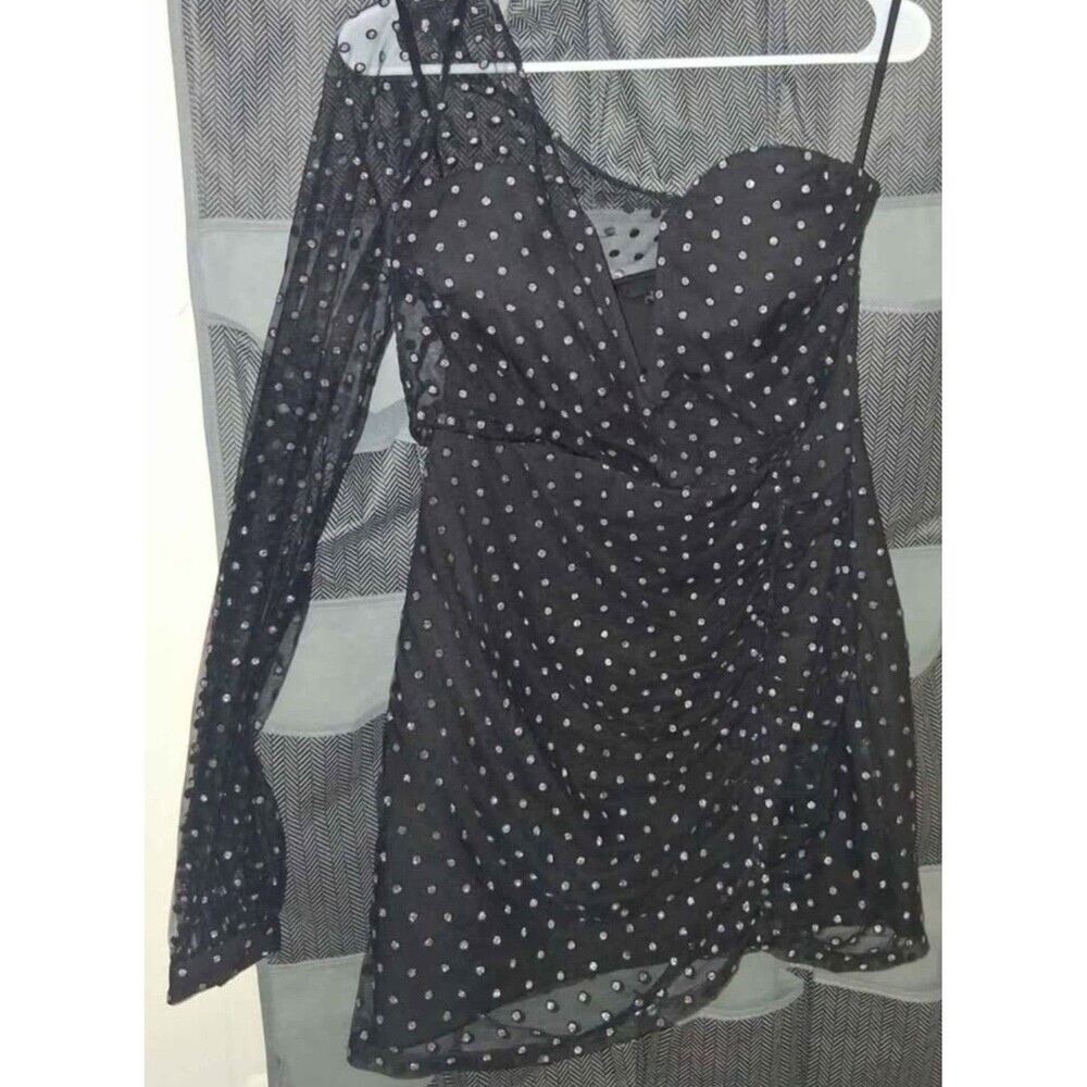 h:ours Black Polka Dot- One Shoulder, Mesh Sleeve. Mini Dress (Size 0)